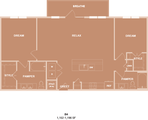 A floor plan of a house with labeled rooms and appliances.